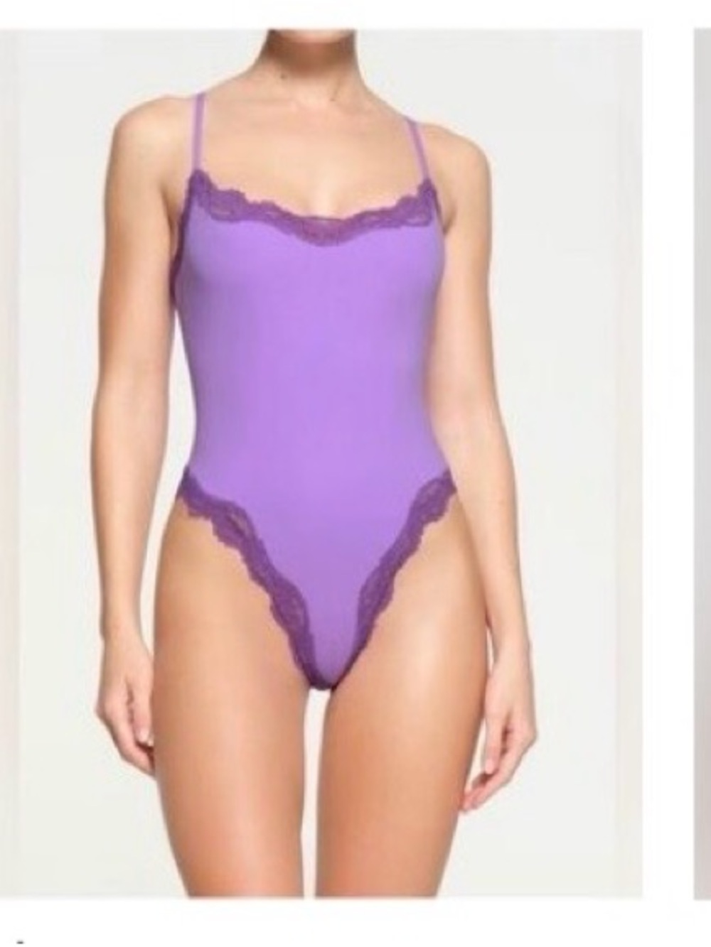 SKIMS Purple Lace-Trim Thong Bodysuit Snap size small